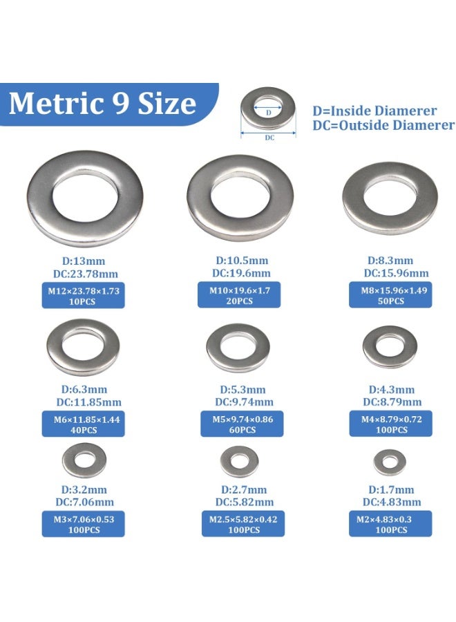 Arabest 304 Stainless Steel Flat Washers 580 Piece Set - Heavy Duty Metric Fender Washers Assortment for Bolts Screws Nuts - Rust Proof Steel Washers Kit - Image 2